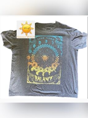 ☀️"Find Your Balance" Mighty Fine Gray Tee with flowers, moons and sun